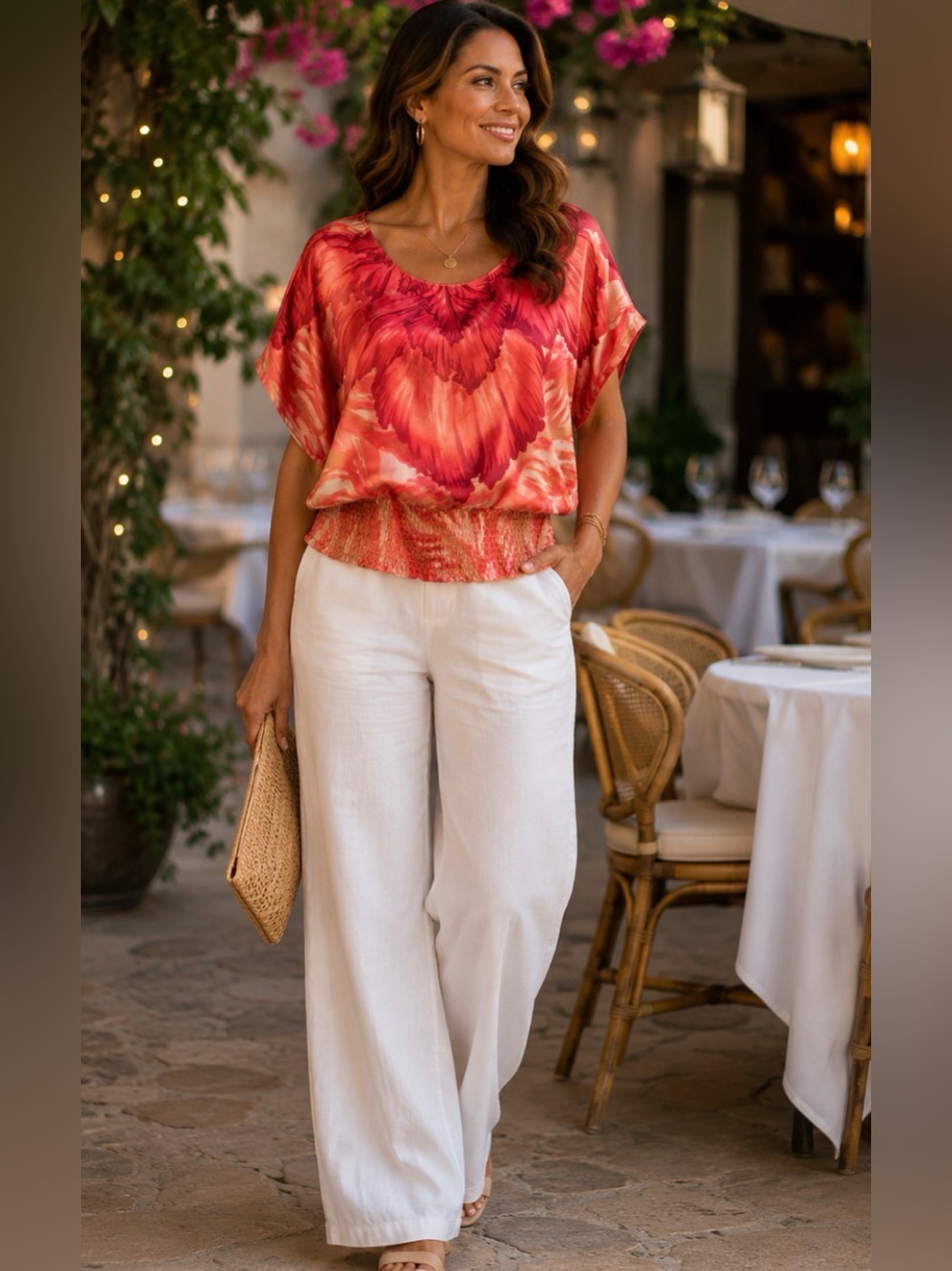 Rampage XL Tropical Floral Blouson Top | Smocked Waist | Coral Pink